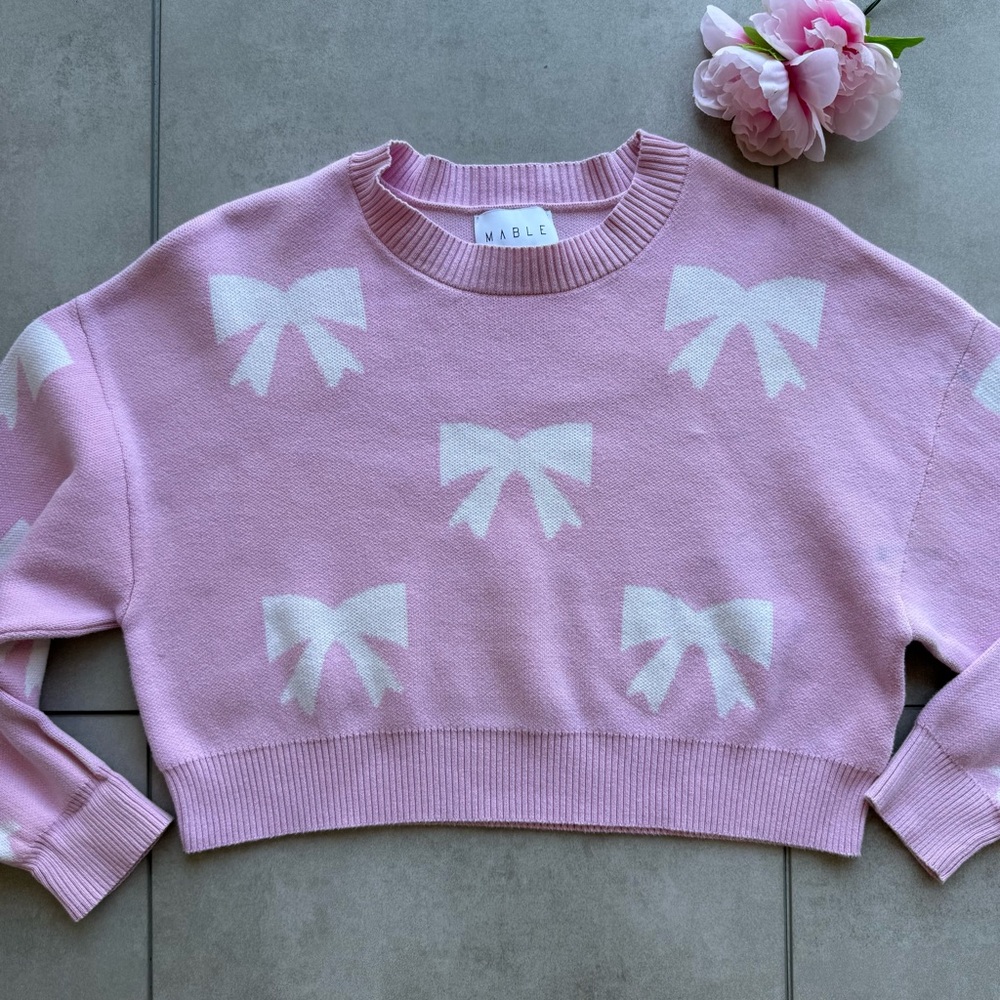 Maple Cropped Crewneck Sweater small Light Pink White Bow long sleeves knit - Picture 6 of 10